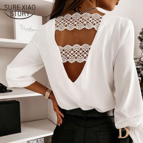 Fashion Sexy Backless Blouses 2021 Spring Hollow Out Lace Blouse Women Tops Shirt Long Sleeve White Shirts V-neck Blusas 12460