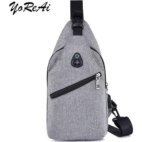 YoReAi New Korean Charging Holes Chest Bags Mens Outdoor Soft Canvas Shoulder Messenger Crossbody Bag Unisex with Earphone Hole