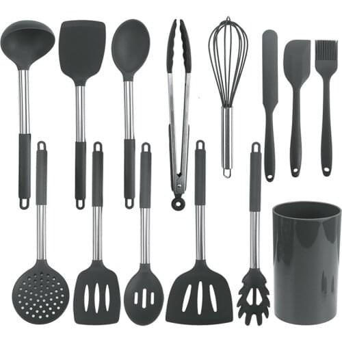 Silicone Kitchen Utensils Set Cooking Heat Resistant Non-stick Silicone Utensil Set with Stainless Steel Handle Wholesale