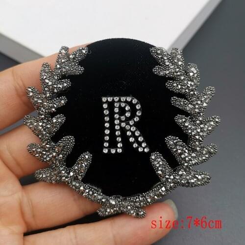 Badge bead patch gray diamond letter R wheat ears for advanced clothing bags design decorative cloth patch based on black fabric