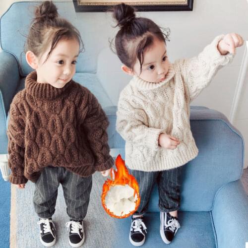 New High Neck Spring Winter Warm Clothes Girls Sweater Kids Plus Velvet Toddler Teens Tops Thicken Children Cute Christmas Gift