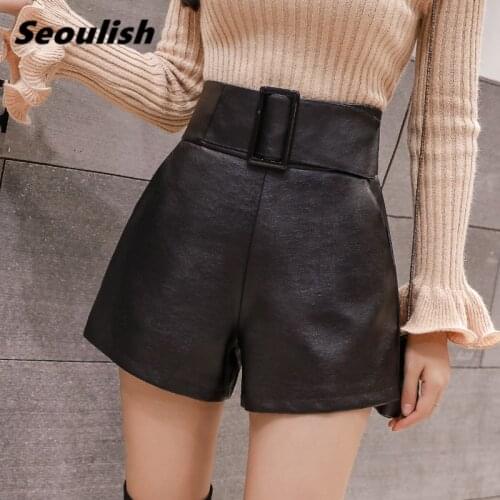 New 2020 PU Leather Womens Shorts Sashes Autumn Winter High Waist Chic Wide Leg Shorts Elegant Female Loose Trousers Pocket