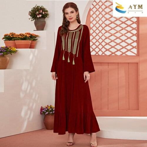 New Fashionable Commuter Round Neck Red Solid Color Slim Tassel Gold Embroidered Dress Loose Causal Elegant Women Dress