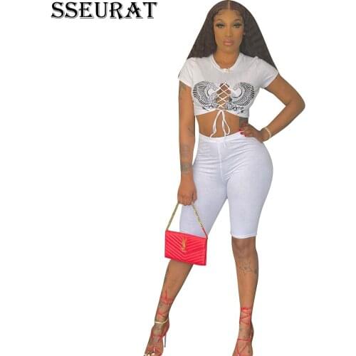 SSEURAT 2021 Summer Women Print Two Piece Set Sporting Classic TTee Top Shorts Suit Tracksuit Fashion Street Outfit