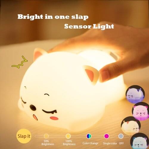 Night Light For Children Cute Silicone Touch Sensor Color Change Cat Night Lamp Kids Baby Bedroom Ornaments USB Rechargeable