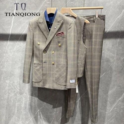 TIAN QIONG 2021 New Arrival Double Breasted Suit Men High Quality Mens Plaid Wedding Suits Three Piece Stage Party Groom Wear
