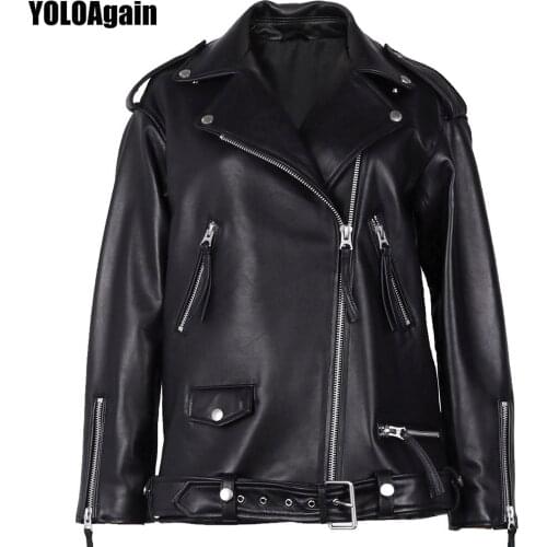 YOLOAgain Spring Fashion Women Genuine Leather Biker Jacket Oversized Coat
