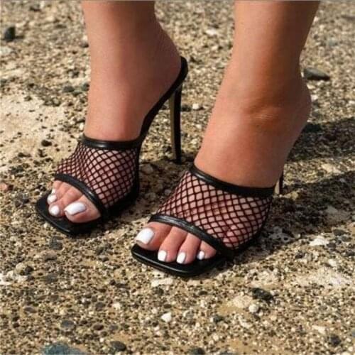 Womens shoes New Sexy PU Square head Peep Toe High Heel Mesh Slippers Summer Fashion Slip On Thin Heel Slides Women Mules Party