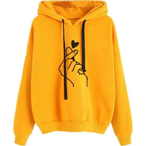Womens Hooded Sweatshirt Tops Kpop Finger Heart Love Pattern Hooded Pullovers Drawstring Long Sleeve Female Hoodies Streetwear