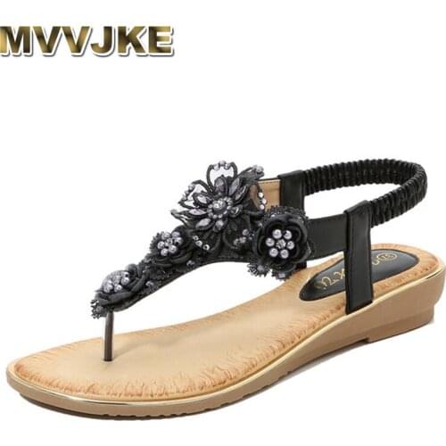 MVVJKE Summer women ladies flower crystal pearl shoes woman bohemian flip flops flat bottom sandals beach casual shoes direct