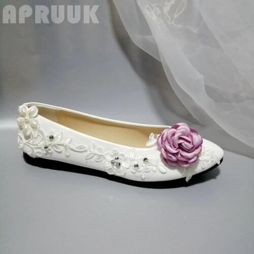 Ladies spring white flats shoes woman handmade violet flower lace crystal female flower girl party proms dress flats shoes