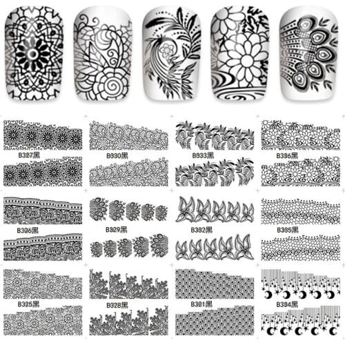 12 sheets beauty black white lace design full water transfer Nail Art Sticker Decals DIY Nails Accessories manicure tools B336