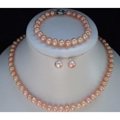 7-8mm Pink Akoya Pearl Necklace Bracelet Earring Sets LL002^^^@^Noble style Natural Fine jewe