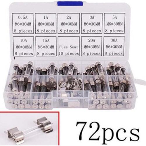 72pcs 6x30mm Fuse Assorted Kit Fast Blow Glass Fuses 0.5A 1A 2A 3A 5A 10A 15A 20A 30A AMP Blow Car Glass Tube Thermal Fuses Set