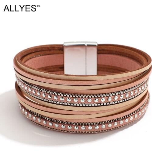 ALLYES Multilayer Slim Strips Rivet Leather Bracelets for Women Fashion Boho Wide Wrap Bracelet Femme Jewelry Gifts