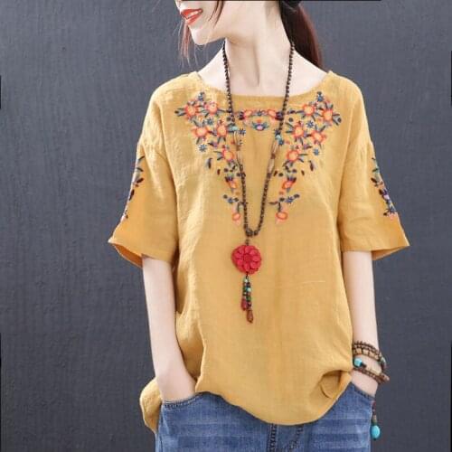 Blouse Women round Neck Embroidered Shirt Womens Short-Sleeved T-shirt Womens Top Blusas Mujer De Moda