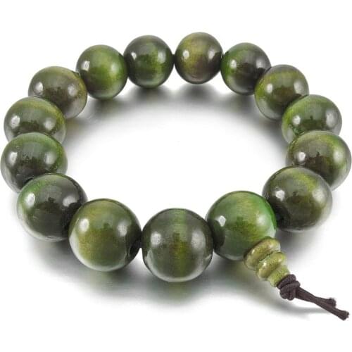 15mm Wood Wrist Bracelet Tibetan Buddhist Green Sandalwood Buddha Prayer Beads Bracelets For Women Men Elastic Clasp Pulseira