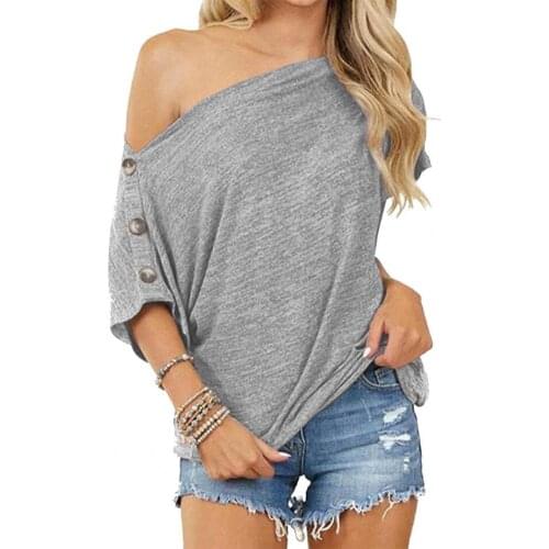 T-shirt Short Sleeve Solid Color Women Off Shoulder Buttons Loose Blouse Top for Summer Sexy Off Shoulder Blouse Ladies Tops