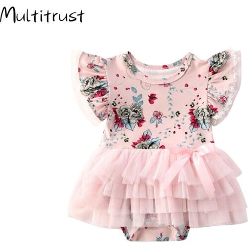 Summer 0-24M Newborn Baby Girls Boys Sweet Rompers Flowers Print Ruffles Sleeve Lace Jumpsuits