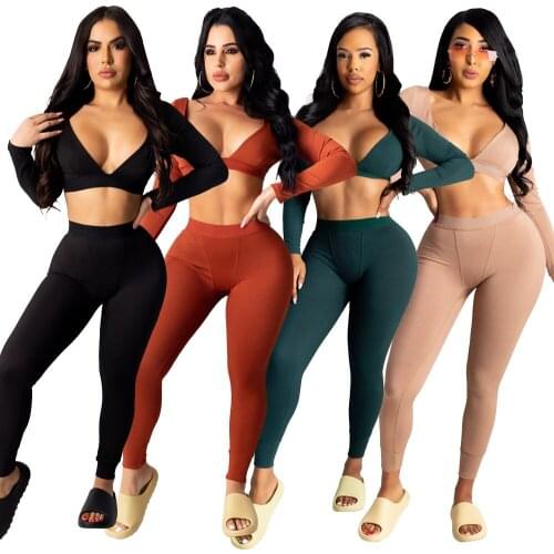 Sexy Backless Two Piece Set Women Long-sleeve Crop Top Pencil Pants 2 Piece Matching Sets Female Black Party Night Club Outfits