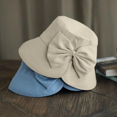 Korean Fisherman Hat Women New Bowknot Solid Color Sunshade Bucket Cap Summer Outdoor Travel Sunscreen Casual Fisher Hats H7400