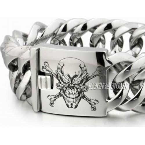 LINSION Deep Laser Engraved Pirate Skull Huge Heavy 316L Stainless Steel Mens Boys Biker Rock Punk Bracelet 5E117