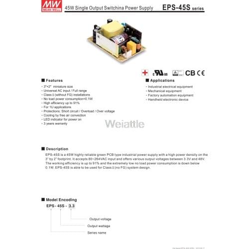 MEAN WELL original EPS-45S-5 5V 8A meanwell EPS-45S 5V 40W Single Output Switching Power Supply