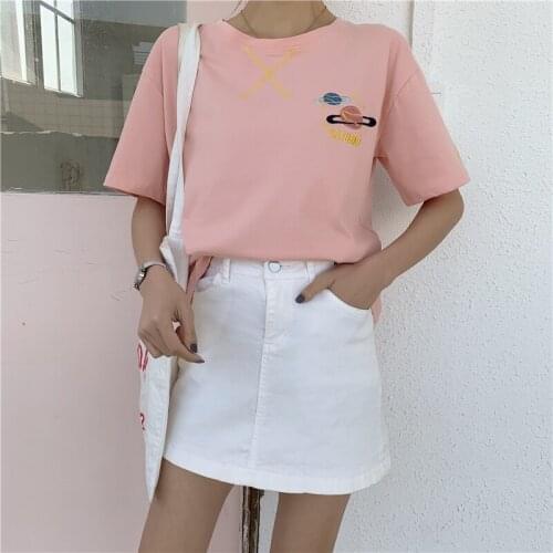 Fashion Embroidery Mid-Length Tops Trend Summer Harajuku Women Tees Loose Short Sleeve Casual Cotton T-Shirt