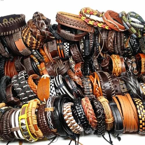 MixMax 50pcs/pack assorted retro Handmade mens top Genuine Leather tribal surfer cuff bracelets mix styles