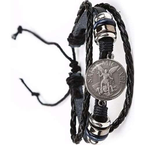 Glass Cabochon Bracelet Archangel St.Michael Protect Me Saint Shield Protection Charm Russian Orhodox Leather Bangle For Holy