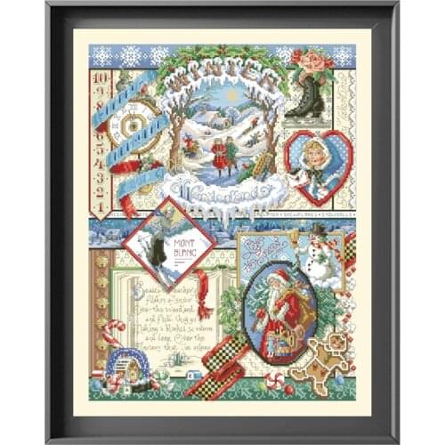 Winter sampler cross stitch kit snow skiing pattern design 18ct 14ct 11ct light yellow canvas embroidery DIY needlework