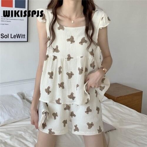 WIKISSPJS 2021 Korean New Cute Cartoon Bear Printed Home Wear Casual Loose Pure Cotton Loose Pajamas Suit Kawaii Pajama