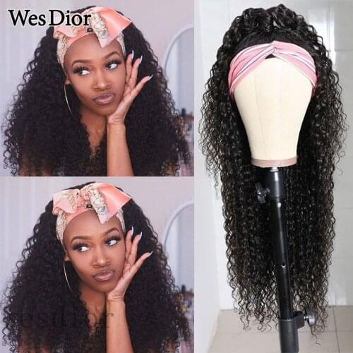 Deep Curly Wave Headband Wig Full Machine Made Curly Human Hair Wigs For Black Women Brazilian Glueless Headband Human Hair Wigs