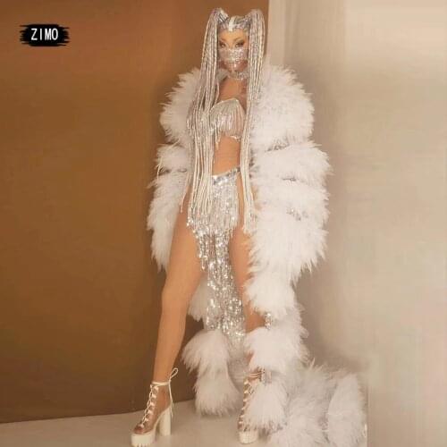 Luxury Nightclub Dance Party Silver Sequins Tassel Underwear Long Coat Women Sexy Ds Singer Dance Costume Accessories Stage Show