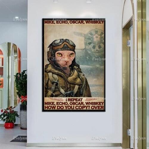 Pilot Flyer Skydiving US Air Force And Sphynx Cat Lovers Retro Poster Wall Art Prints Home Decor Canvas Unique Gift