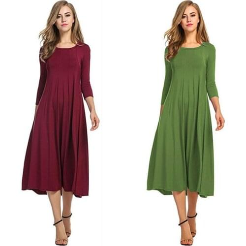 Round Neck Long Sleeve Solid Color Pregnancy Dress 12 Colors Available mid-calf S/M/L/XL/2XL/3XL Premama Clothes Maternity