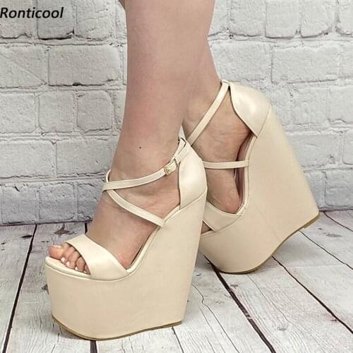 Ronticool Hot Handmade Women Platform Sandals Ankle Strap Wedges High Heels Open Toe Black Beige Yellow Party Shoes US Size 5-13