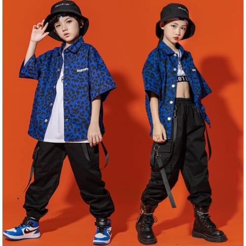 Hip-Hop Steet Dance Clothes Childern Dancer Outfit Stage Costume Rave Clothing Blue Shirt Cargo Pants Concert Outfits DL8338