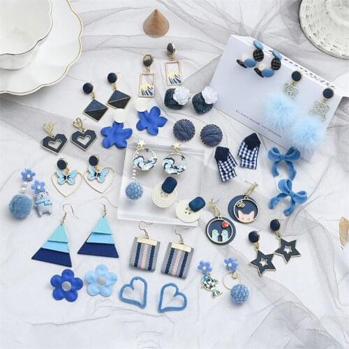 Korean Hand-made Simple Retro Blue Collection Earrings French Sweet Heart Shaped Flower Dangler Metal Asymmetry Drop Earrings