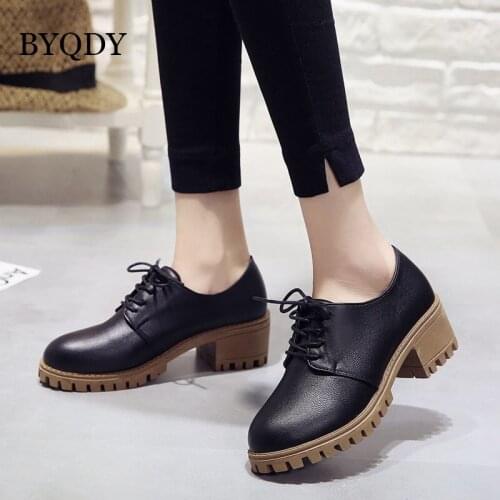 BYQDY Black Patent Leather Woman Shoes Thick High Heel Pumps British Style Round Toe Platform PU Lace up Casual Shoes Dropship