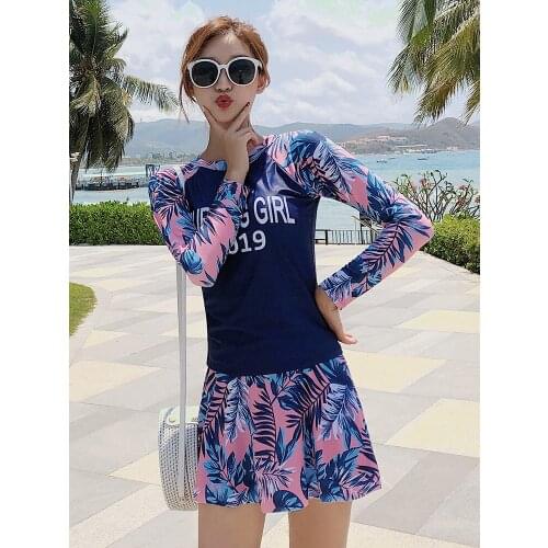 Womens Two Piece Long Sleeve Swimsuit Swimwear Bathing Suits High Waist Skirted Swimdress Letter Print Swiming Suit