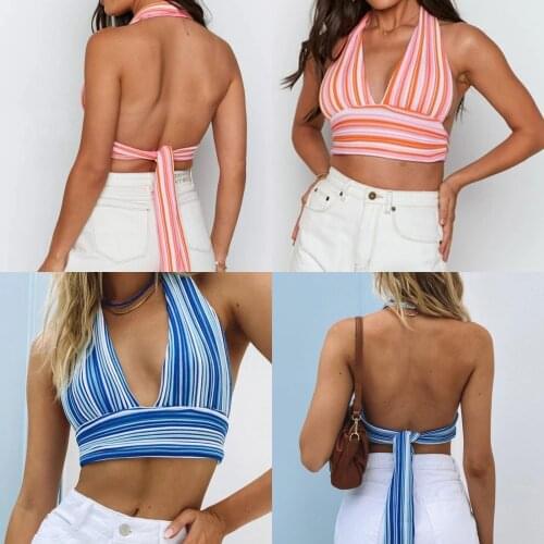 Women Halter Crop Top Adults Sexy Sleeveless Tie Up Striped V-Neck Tops Sexy Sleeveless Lace Up Striped V-Neck Tops