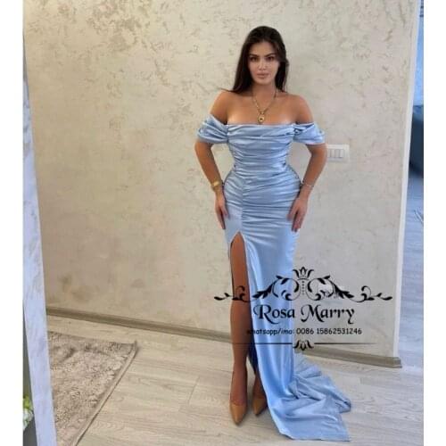 Ice Blue Mermaid Prom Dresses for Women Sexy Off Shoulder Ruffles High Split Long Satin Formal Graduation Evening Gowns