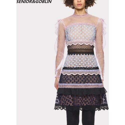 High Quality Autumn Runway Dress 2019 Self Portrait Water-Soluble Lace Patchwork Ruffles Long Sleeve Women Party Dresses