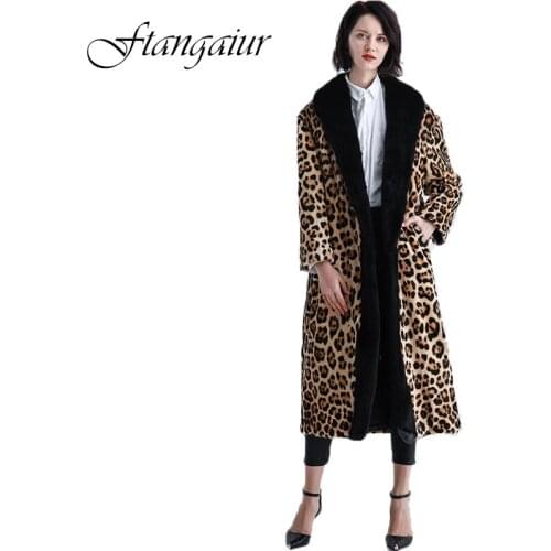 Ftangaiur 2019 Winter Imported Wool Fur Coat Full Sleeve Leopard With Mink Collar Wool Coat Womens X-Long Real Wool Fur Coats