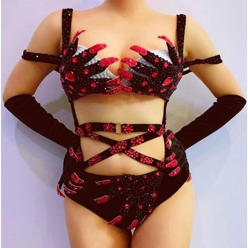 Talons Glove Black Velvet Rhinestones Bandage Bikini Bodysuit Sexy Nightclub Stage Wear Bar DJ Singer Pole Dance Costumes DT2393