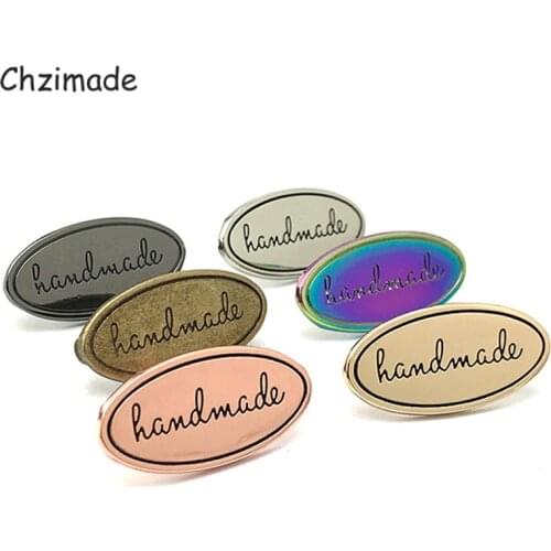 Chzimade 10Pcs/lot Oval Shaped Metal Handmade Garment Labels Tags For Clothing Bags Hand Made Letter Diy Sewing Labels
