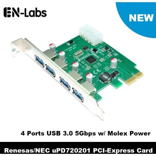 En-Labs 4 Port PCIE PCI-e to USB 3.0 Add On Card Card - USB 3.0 Hub PCI Express Card Adapter w/ Extra Molex 4pin LP4 Power