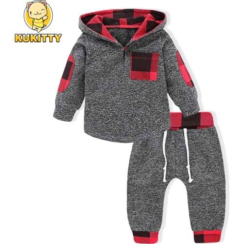 Toddler Baby Girls Boys Clothes Set Long Sleeve Red Plaid Hooded Pullover Jacket with Pocket Infant Clothing Suit