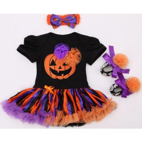 Baby Girl Clothes Sets For Halloween Party Cartoon Pumpkin Skull Rompers Dresses+Flower Shoes+Headbands Bebe Body Suit Kids Gift